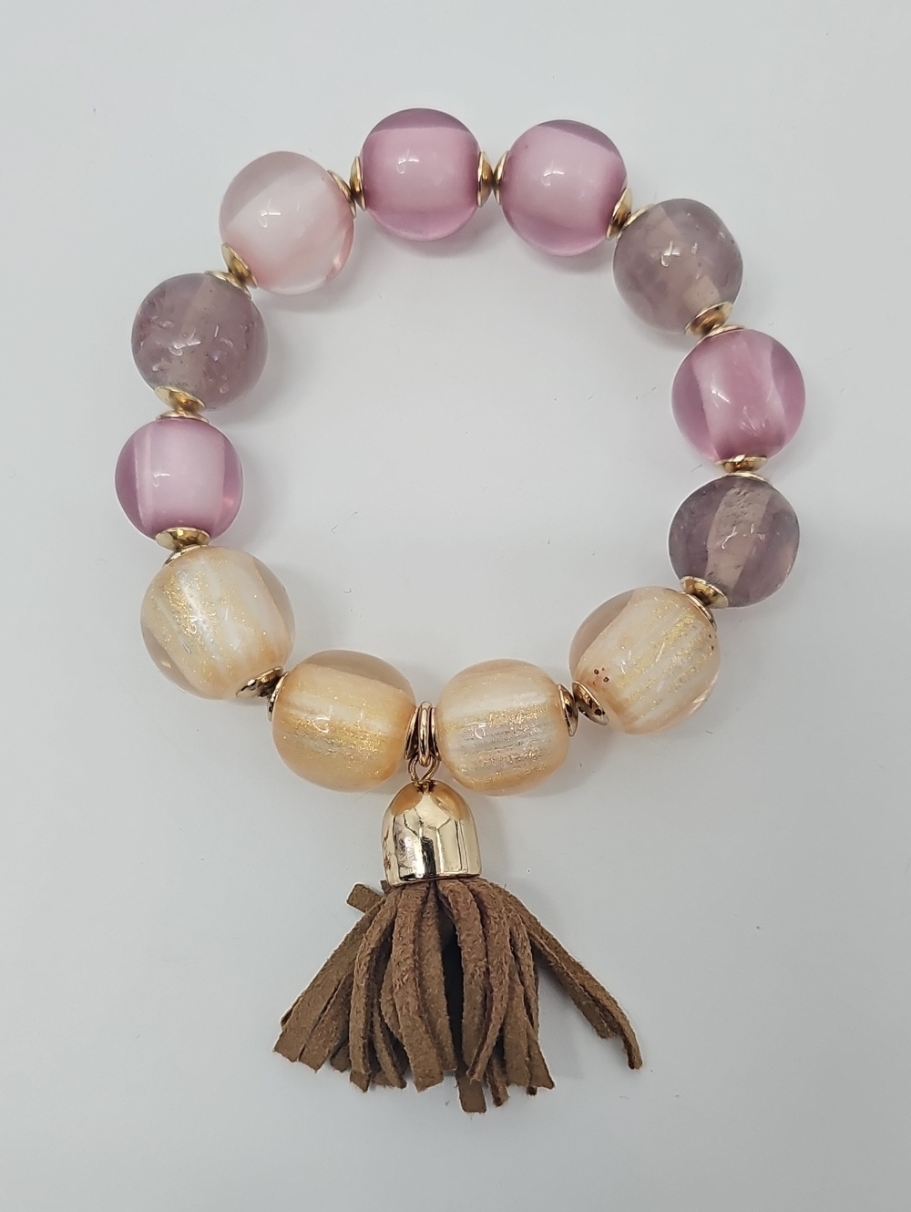 Chico's Lilac & Buttercream Bead Bracelet wFaux Suede Tassel Feminine Dainty